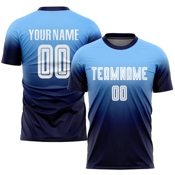 Custom Light Blue White-Navy Sublimation Fade Fashion Soccer Uniform Jersey