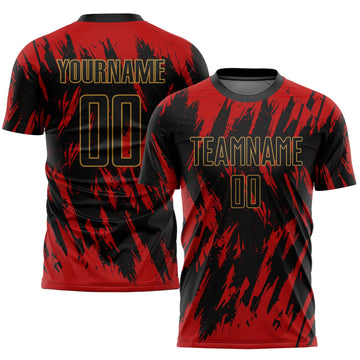 Custom Red Black-Old Gold Sublimation Soccer Uniform Jersey