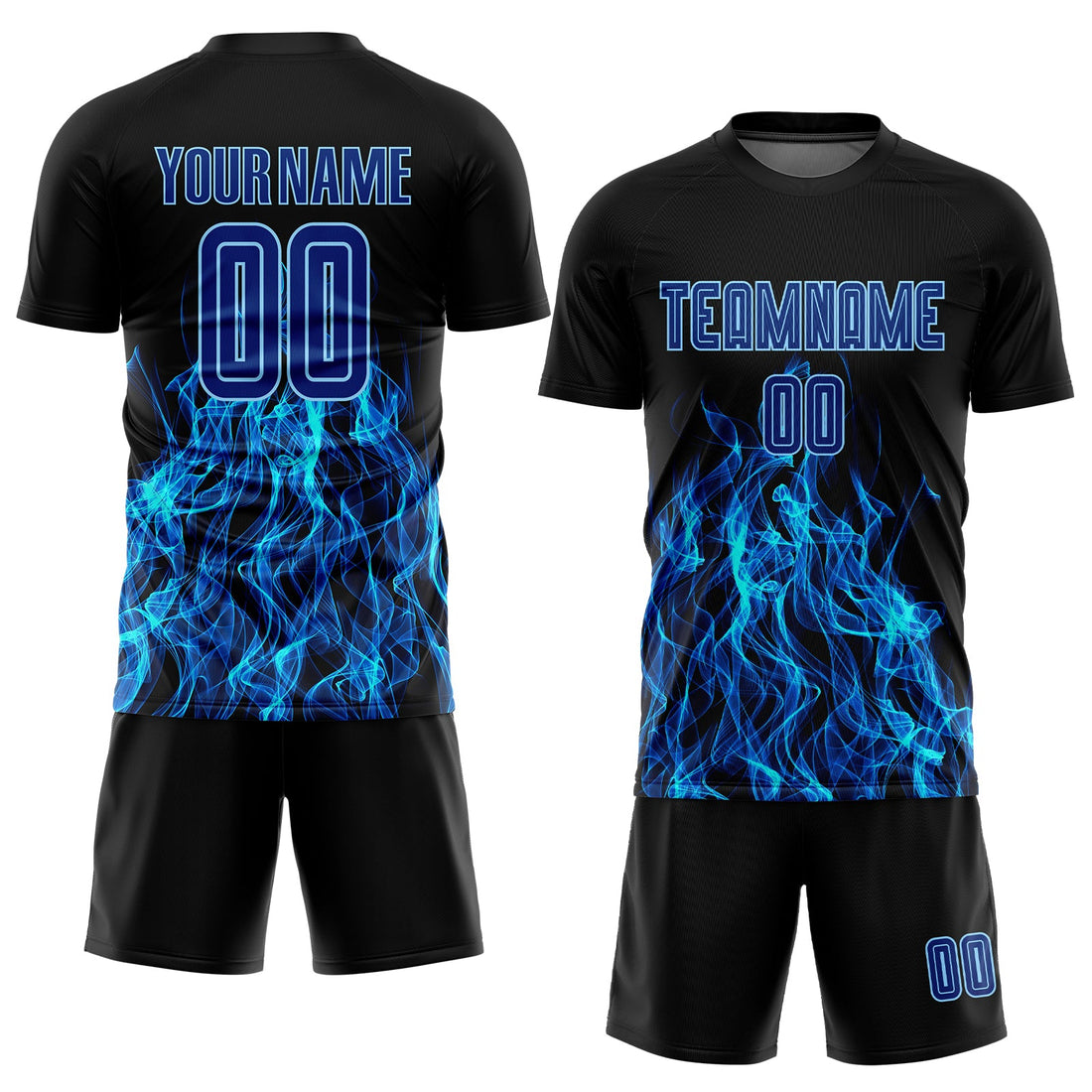 Custom Black Royal-Light Blue Flame Sublimation Soccer Uniform Jersey