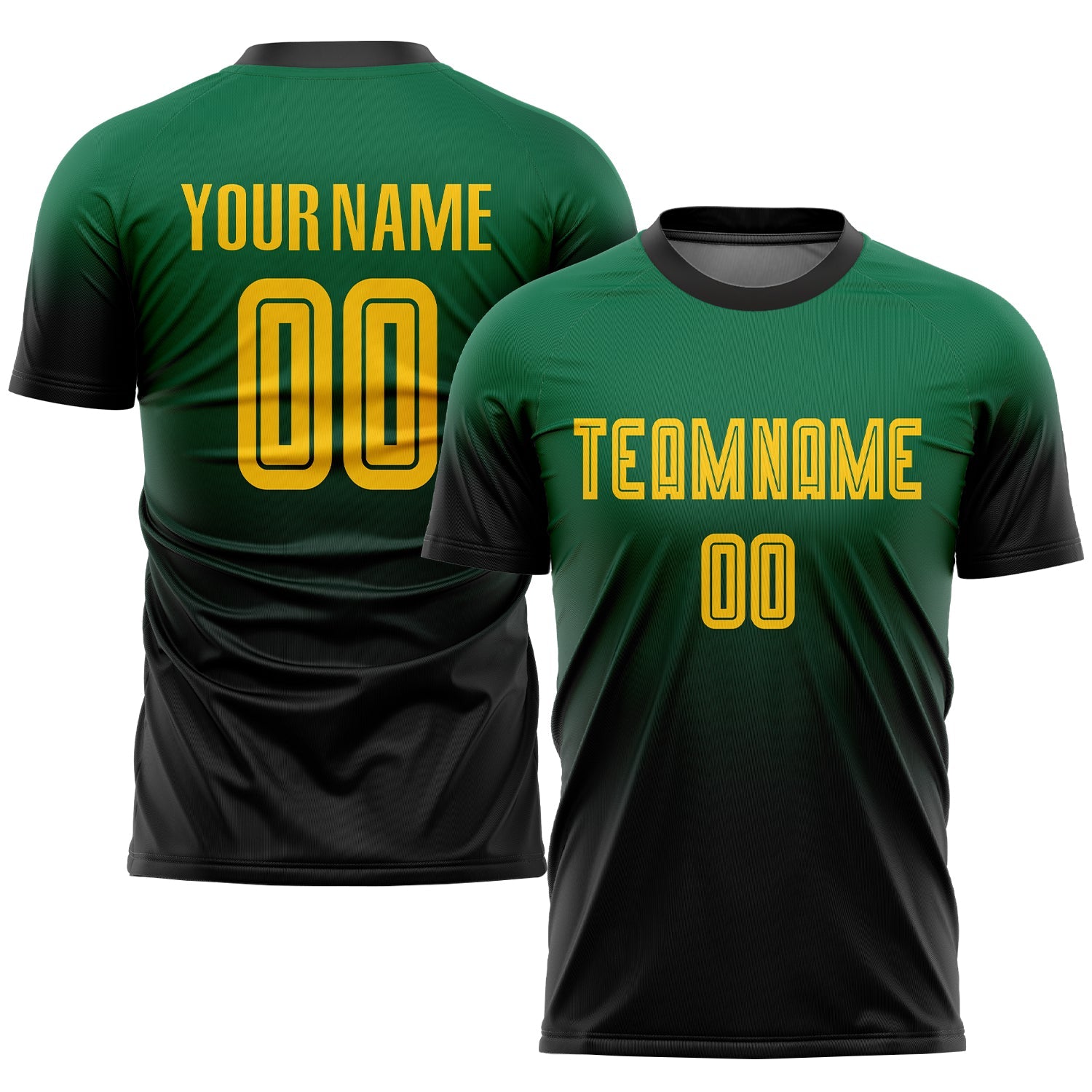 Custom Kelly Green Gold-Black Sublimation Fade Fashion Soccer Uniform Jersey