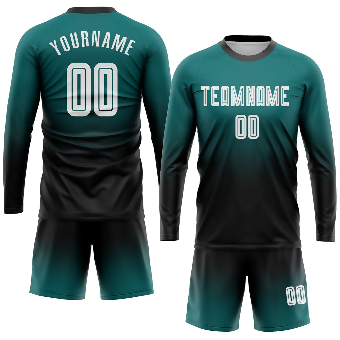 Custom Teal White-Black Sublimation Long Sleeve Fade Fashion Soccer Uniform Jersey