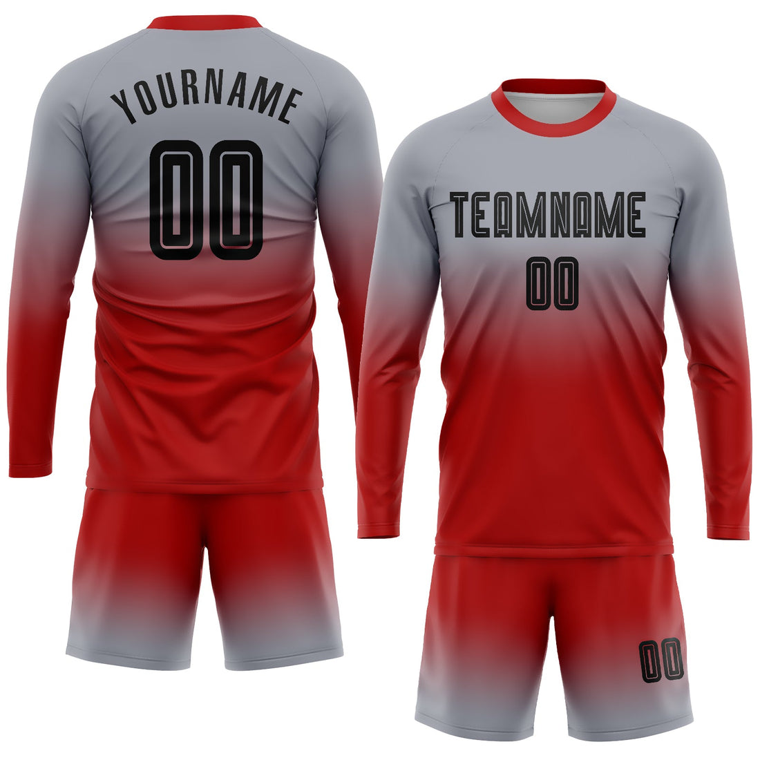 Custom Gray Black-Red Sublimation Long Sleeve Fade Fashion Soccer Uniform Jersey