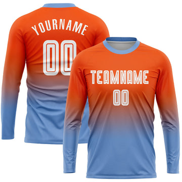 Custom Orange White-Light Blue Sublimation Long Sleeve Fade Fashion Soccer Uniform Jersey