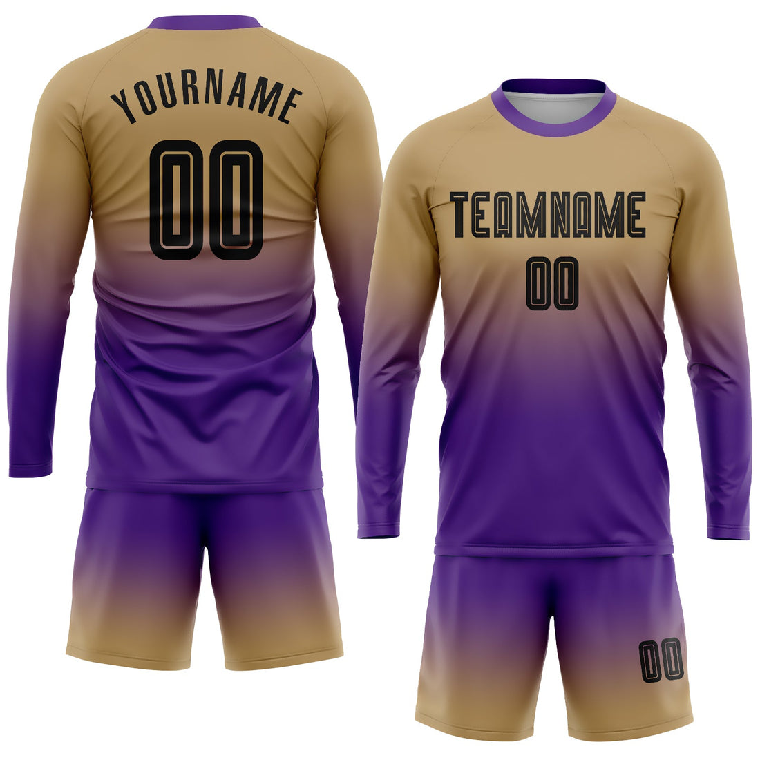 Custom Old Gold Black-Purple Sublimation Long Sleeve Fade Fashion Soccer Uniform Jersey