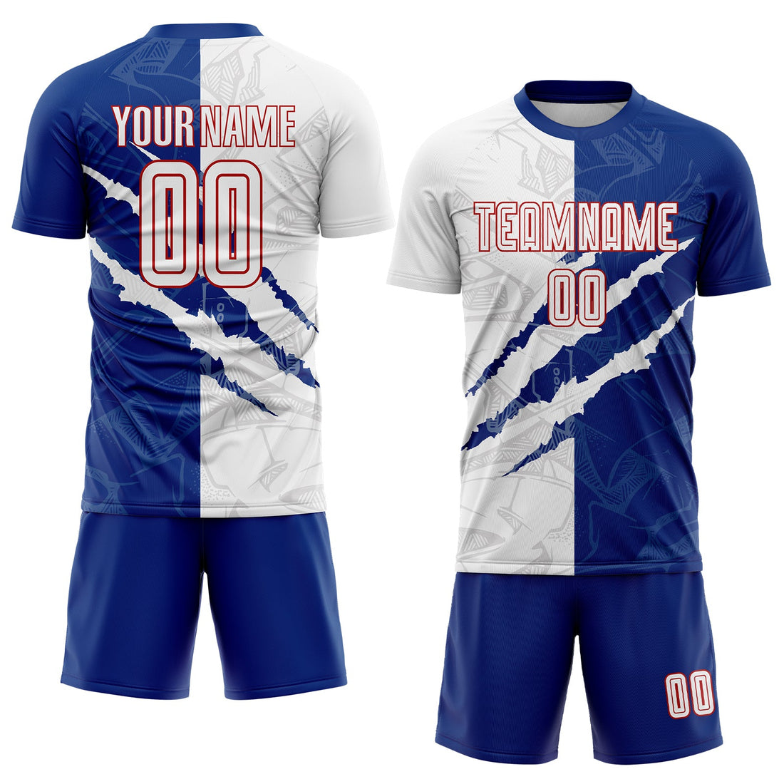 Custom Graffiti Pattern White Royal-Red Scratch Sublimation Soccer Uniform Jersey