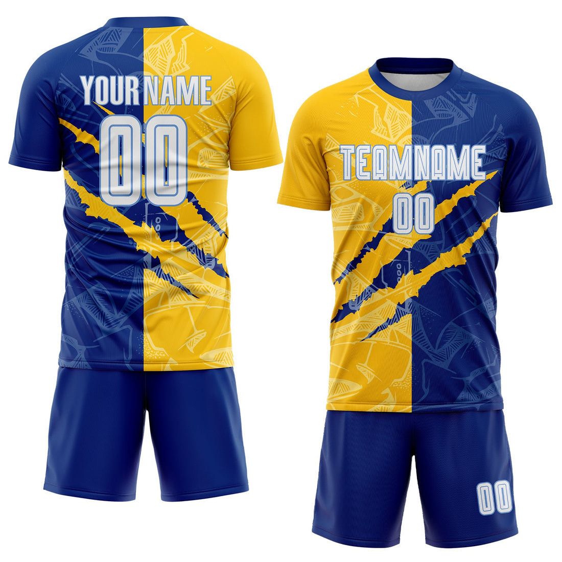 Custom Graffiti Pattern White Royal Yellow-Light Blue Scratch Sublimation Soccer Uniform Jersey