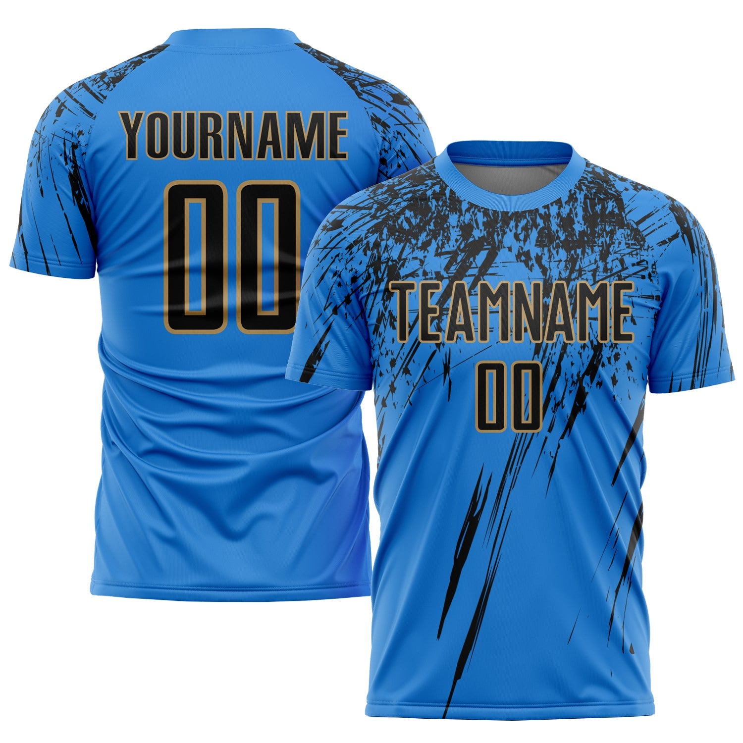 Custom Electric Blue Black-Old Gold Sublimation Soccer Uniform Jersey