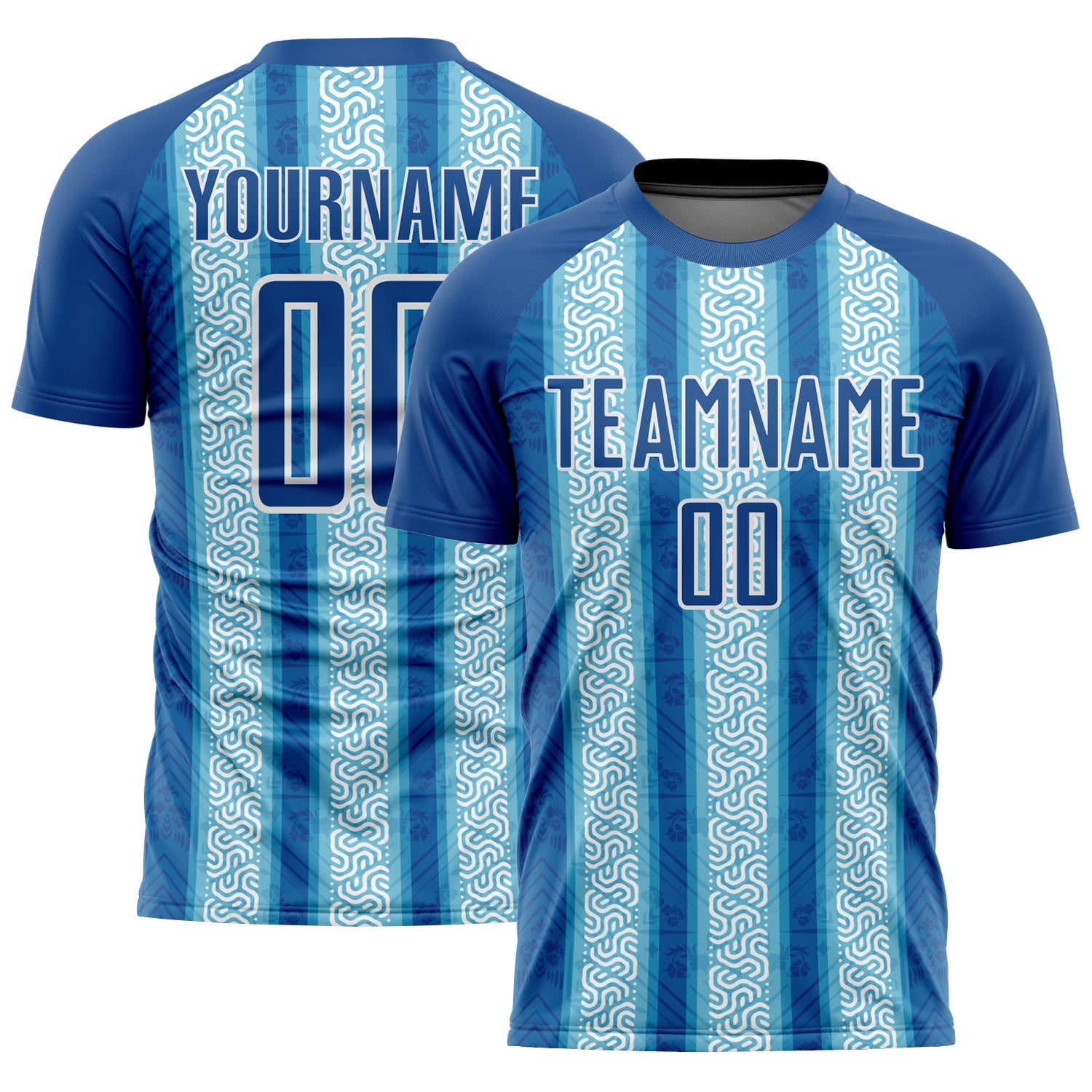 Custom Blue Light Blue-White Ethnic Stripes Sublimation Soccer Uniform Jersey