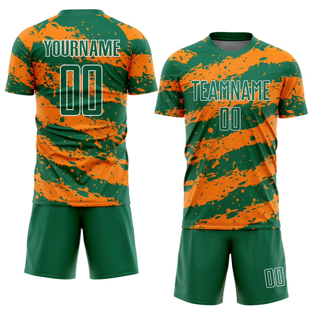 Custom Kelly Green Bay Orange-White Splash Sublimation Soccer Uniform Jersey