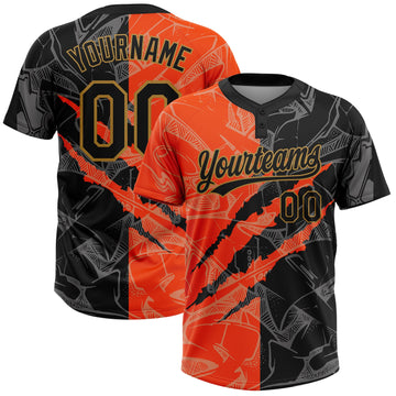 Custom Graffiti Pattern Black-Old Gold 3D Two-Button Unisex Softball Jersey