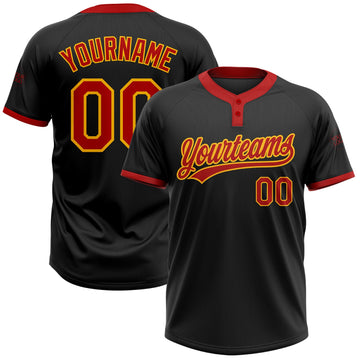 Custom Black Red-Gold Two-Button Unisex Softball Jersey