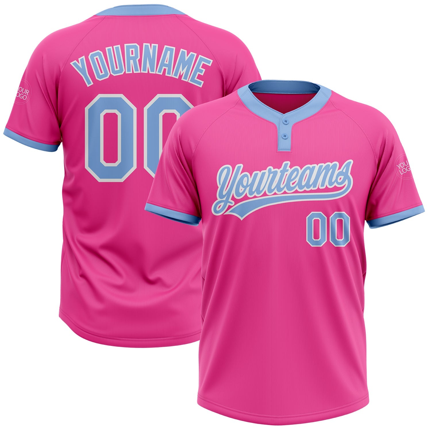 Custom Pink Light Blue-White Two-Button Unisex Softball Jersey