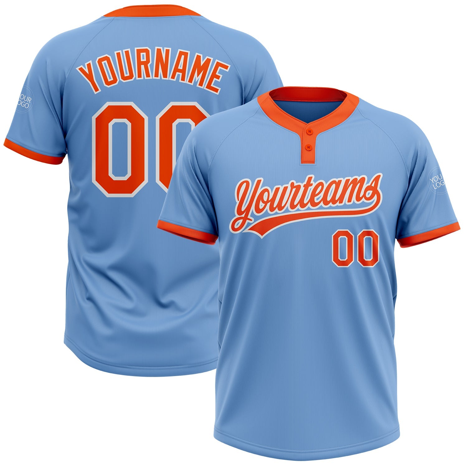 Custom Light Blue Orange-White Two-Button Unisex Softball Jersey