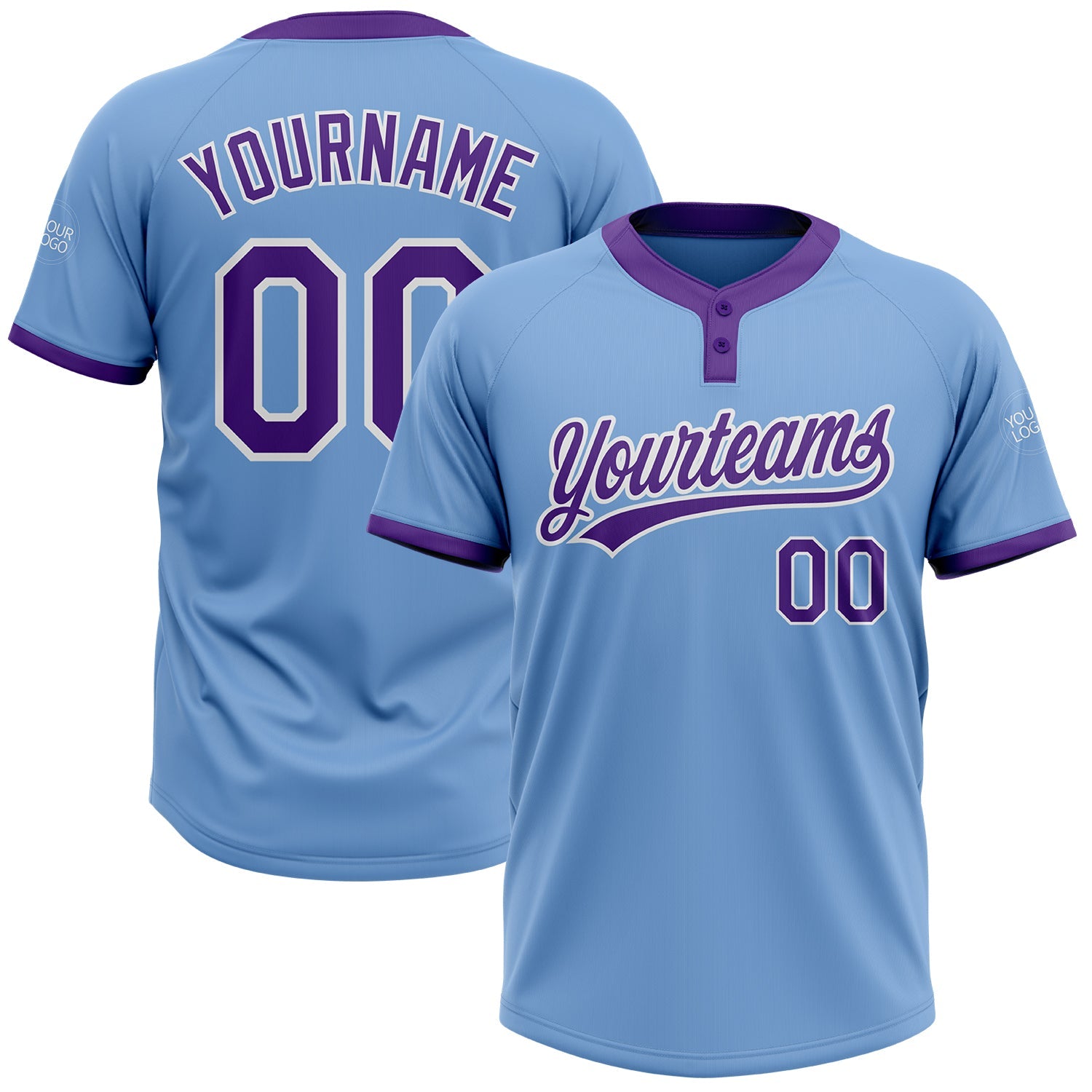 Custom Light Blue Purple-White Two-Button Unisex Softball Jersey