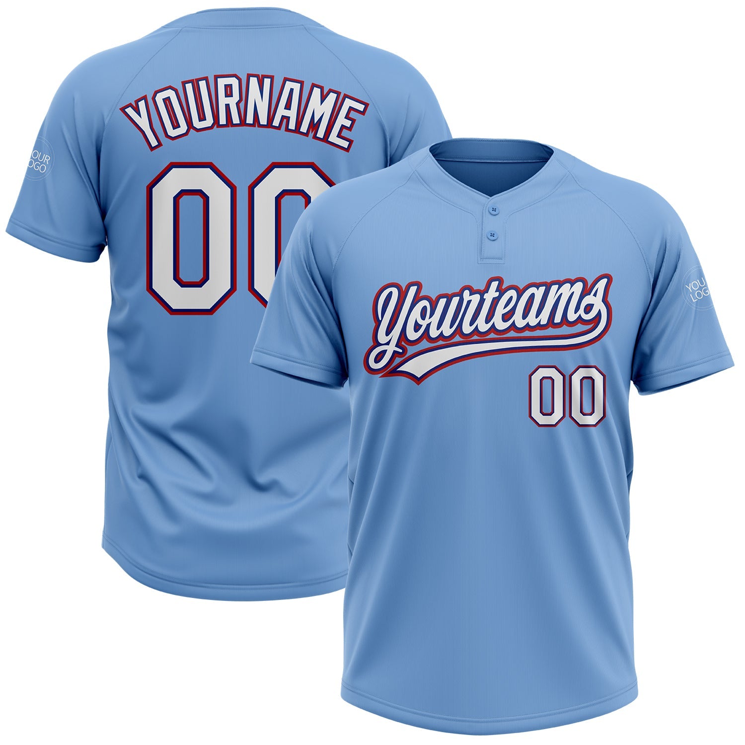 Custom Light Blue White Royal-Red Two-Button Unisex Softball Jersey