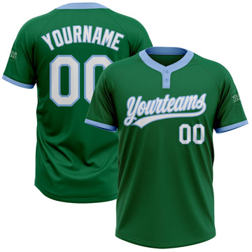 Custom Kelly Green White-Light Blue Two-Button Unisex Softball Jersey