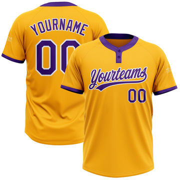 Custom Gold Purple-White Two-Button Unisex Softball Jersey