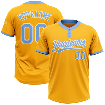 Custom Gold Light Blue-White Two-Button Unisex Softball Jersey