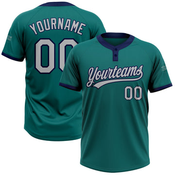 Custom Teal Gray-Navy Two-Button Unisex Softball Jersey