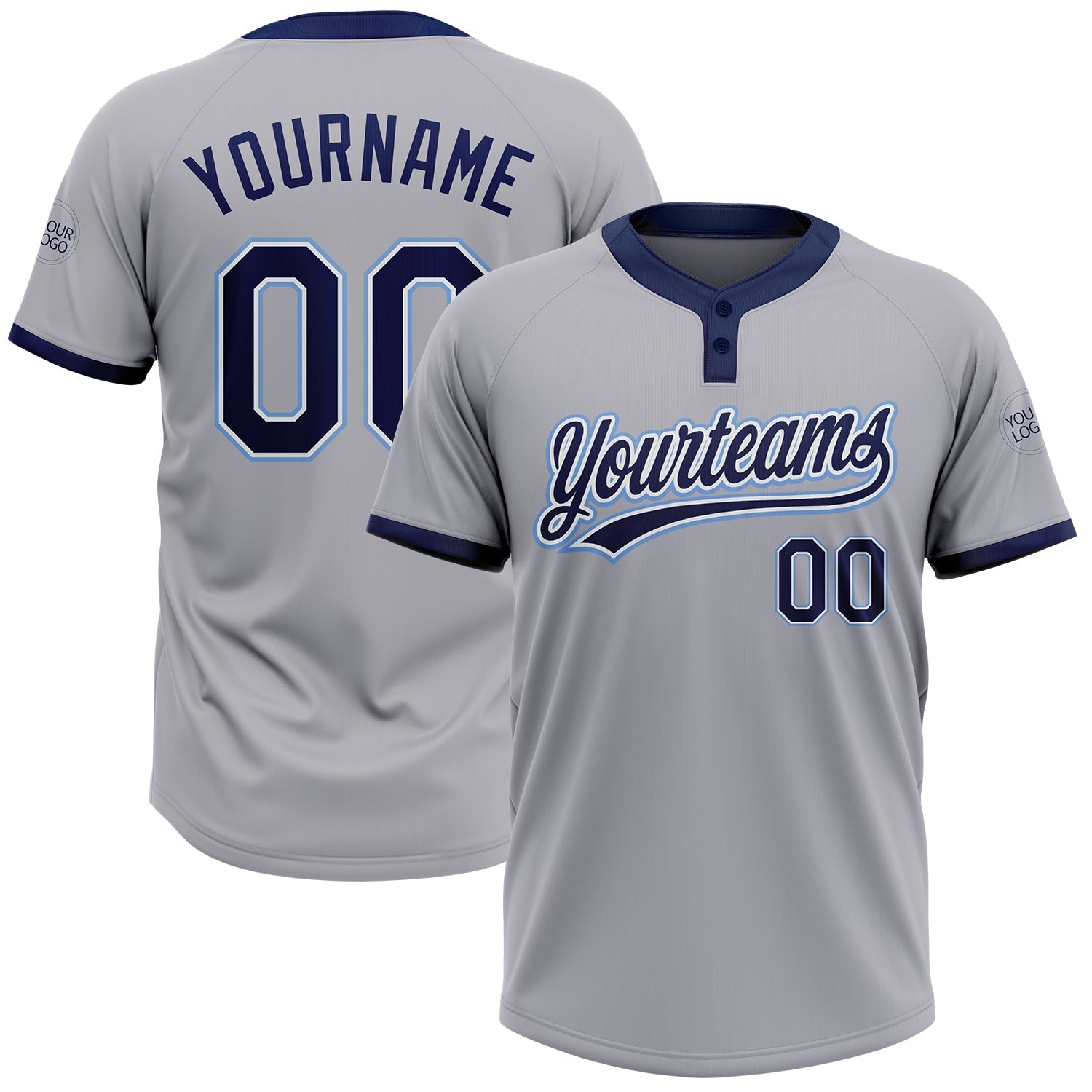 Custom Gray Navy-Powder Blue Two-Button Unisex Softball Jersey