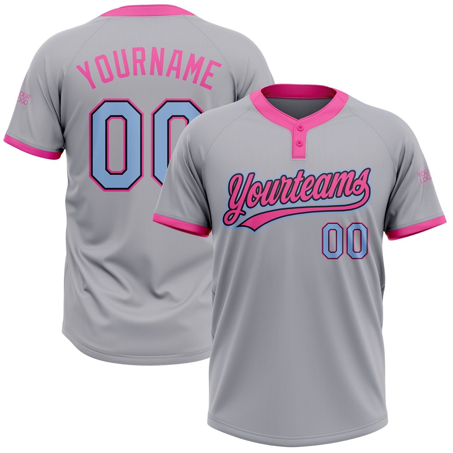 Custom Gray Light Blue Black-Pink Two-Button Unisex Softball Jersey