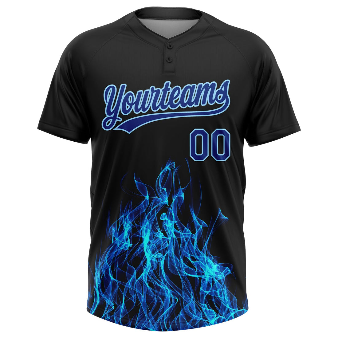 Custom Black Royal-Light Blue Flame 3D Pattern Two-Button Unisex Softball Jersey