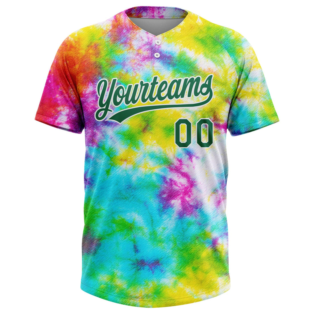 Custom Tie Dye Kelly Green-White 3D Rainbow Two-Button Unisex Softball Jersey