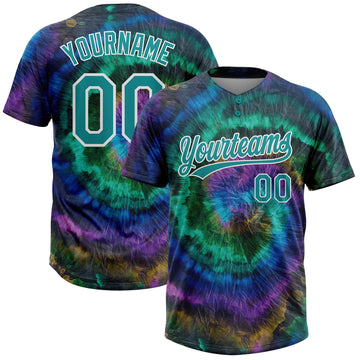 Custom Tie Dye Teal-White 3D Two-Button Unisex Softball Jersey