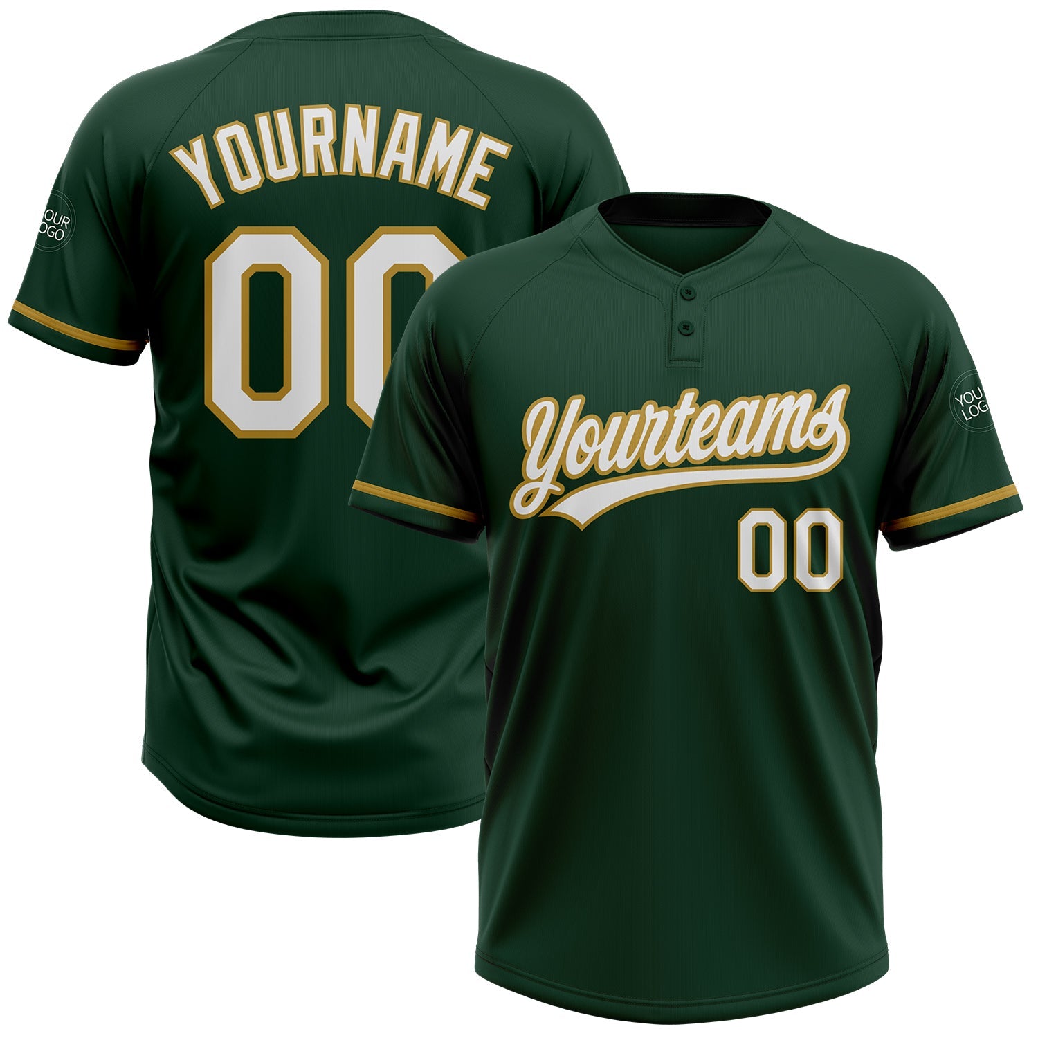 Custom Green White-Old Gold Two-Button Unisex Softball Jersey