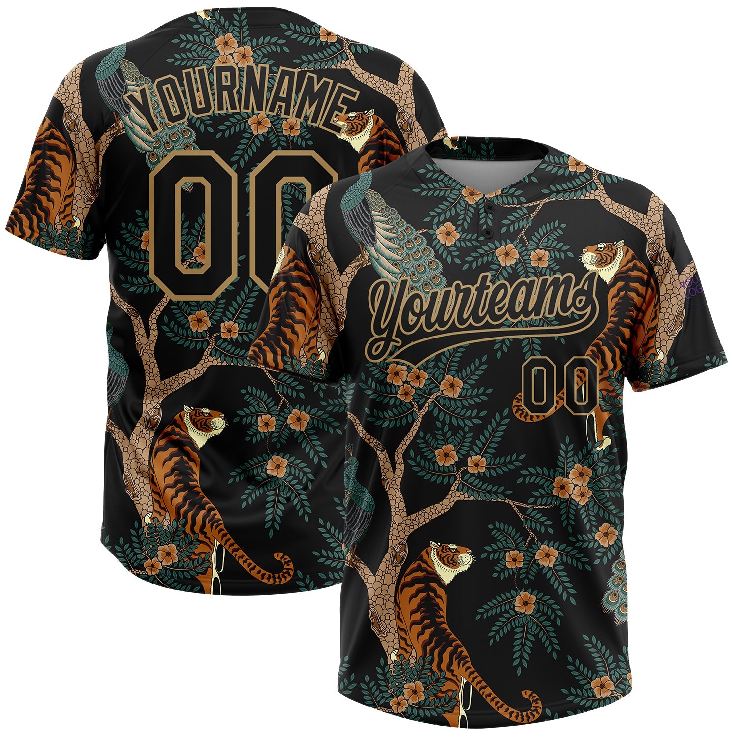 Custom Black Old Gold 3D Pattern Tiger And Peacock Two-Button Unisex Softball Jersey