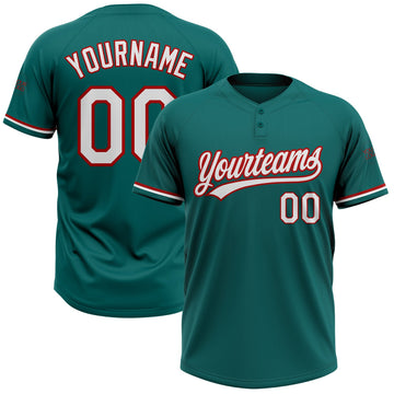 Custom Teal White-Red Two-Button Unisex Softball Jersey