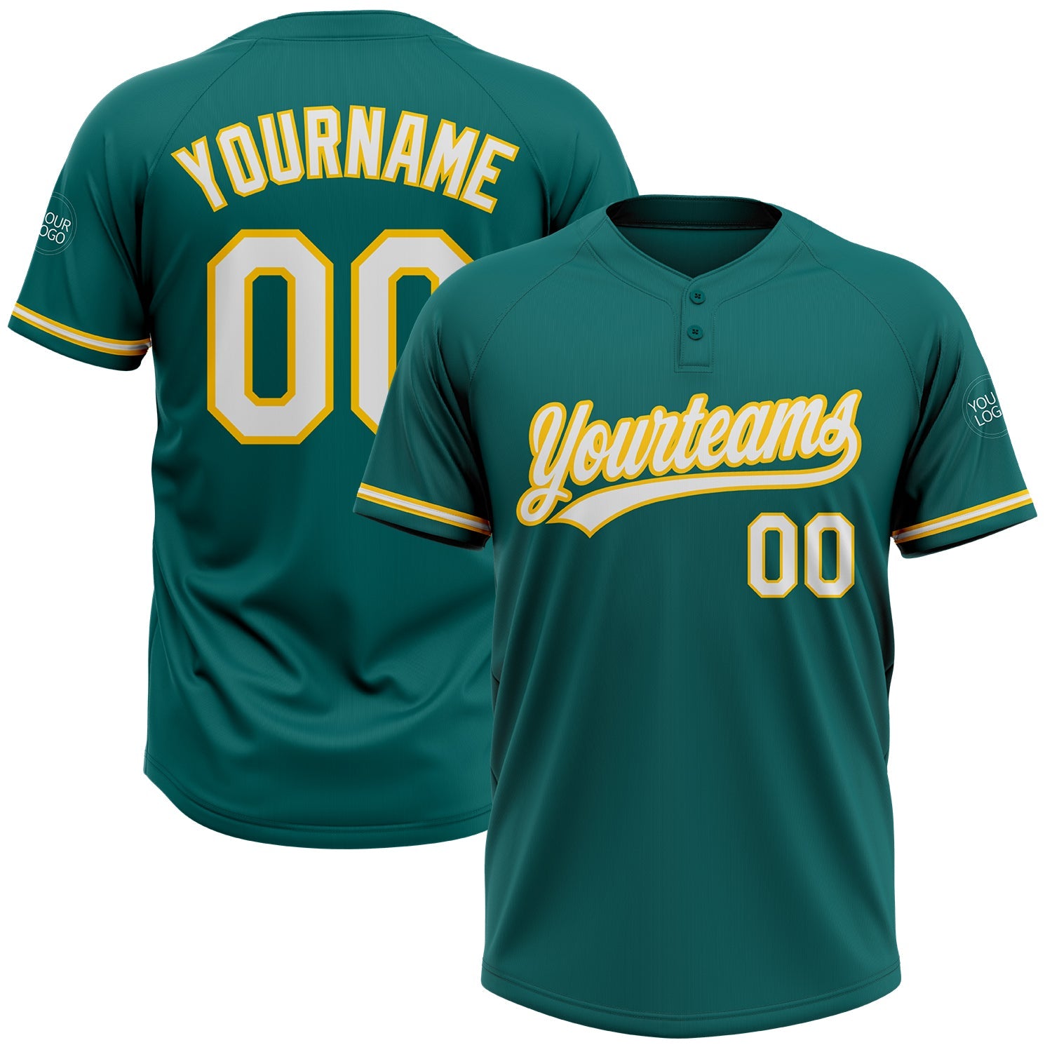 Custom Teal White-Yellow Two-Button Unisex Softball Jersey