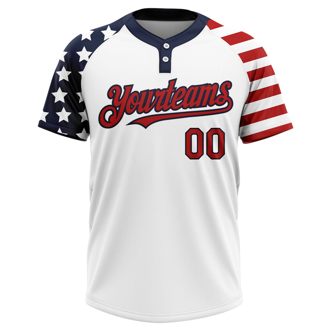 Custom White Red-Navy 3D American Flag Fashion Two-Button Unisex Softball Jersey