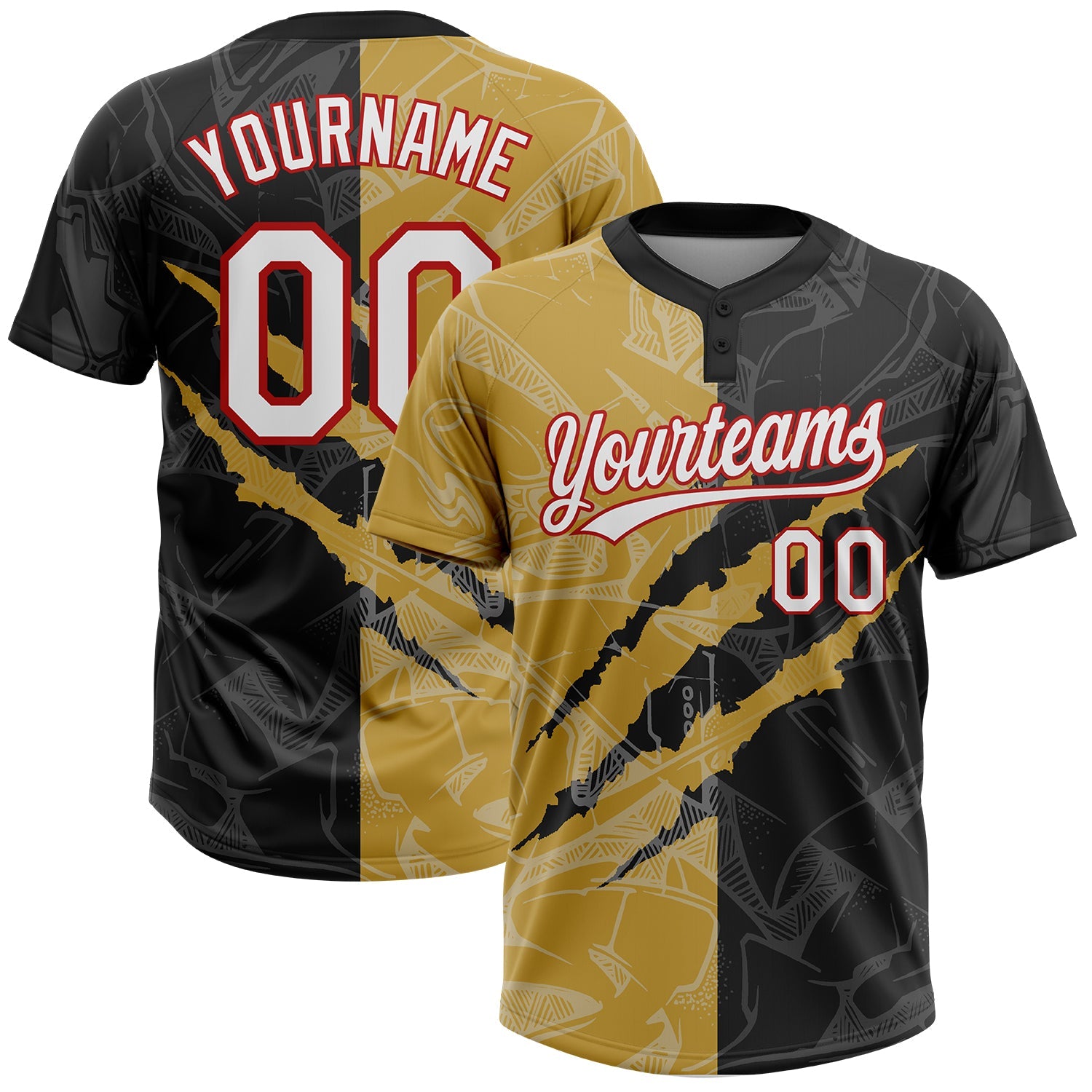 Custom Graffiti Pattern Black Old Gold-Red 3D Two-Button Unisex Softball Jersey