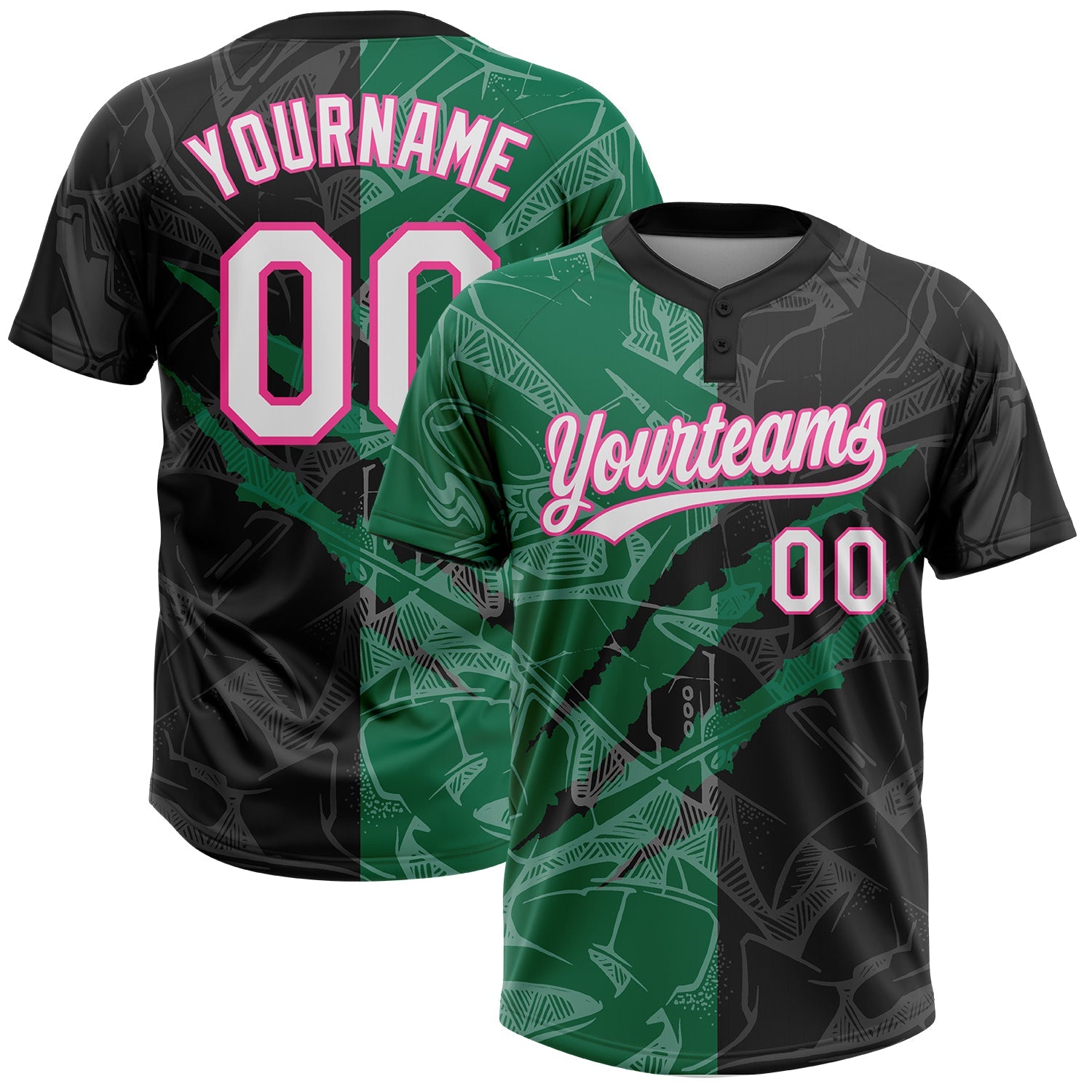 Custom Graffiti Pattern Black Kelly Green-Pink 3D Two-Button Unisex Softball Jersey