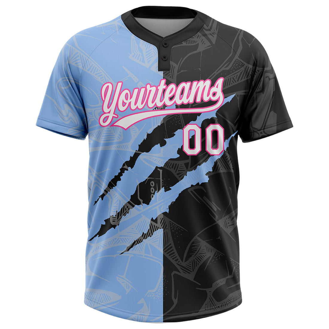 Custom Graffiti Pattern Black Light Blue-Pink 3D Two-Button Unisex Softball Jersey