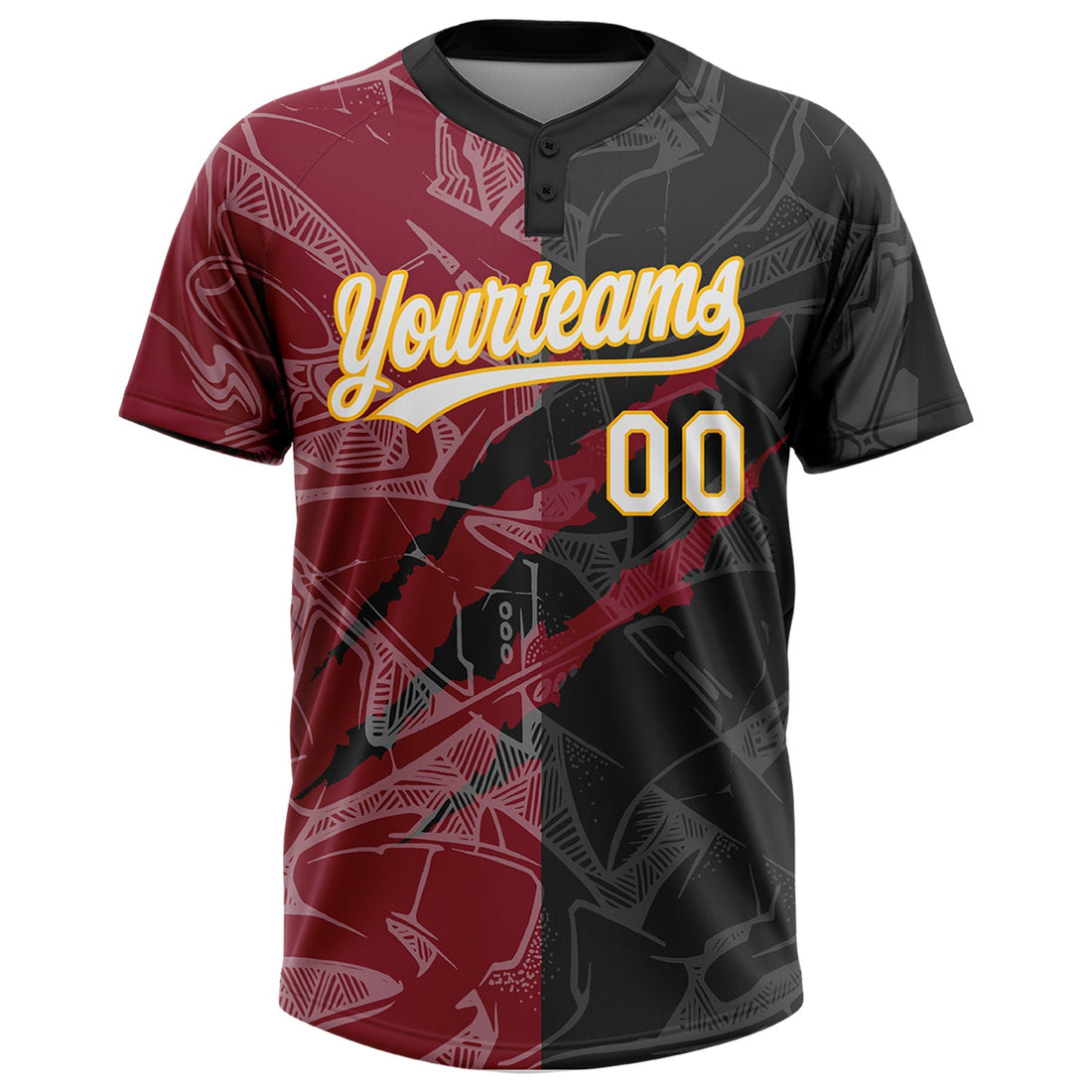 Custom Graffiti Pattern Black Crimson-Gold 3D Two-Button Unisex Softball Jersey