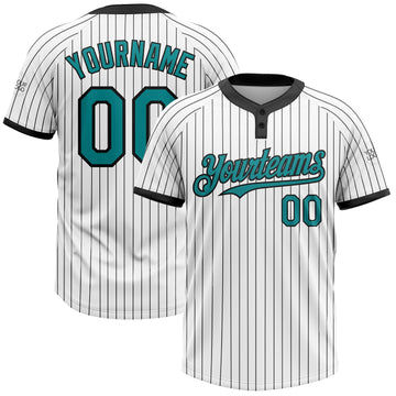 Custom White Black Pinstripe Teal Two-Button Unisex Softball Jersey