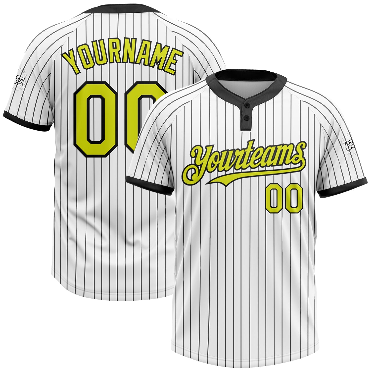 Custom White Black Pinstripe Neon Yellow Two-Button Unisex Softball Jersey