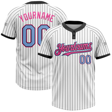 Custom White Black Pinstripe Light Blue-Pink Two-Button Unisex Softball Jersey