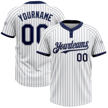 Custom White Navy Pinstripe Gray Two-Button Unisex Softball Jersey