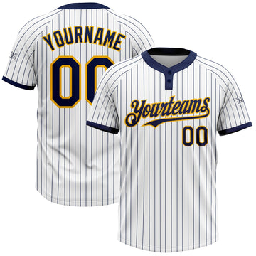 Custom White Navy Pinstripe Gold Two-Button Unisex Softball Jersey