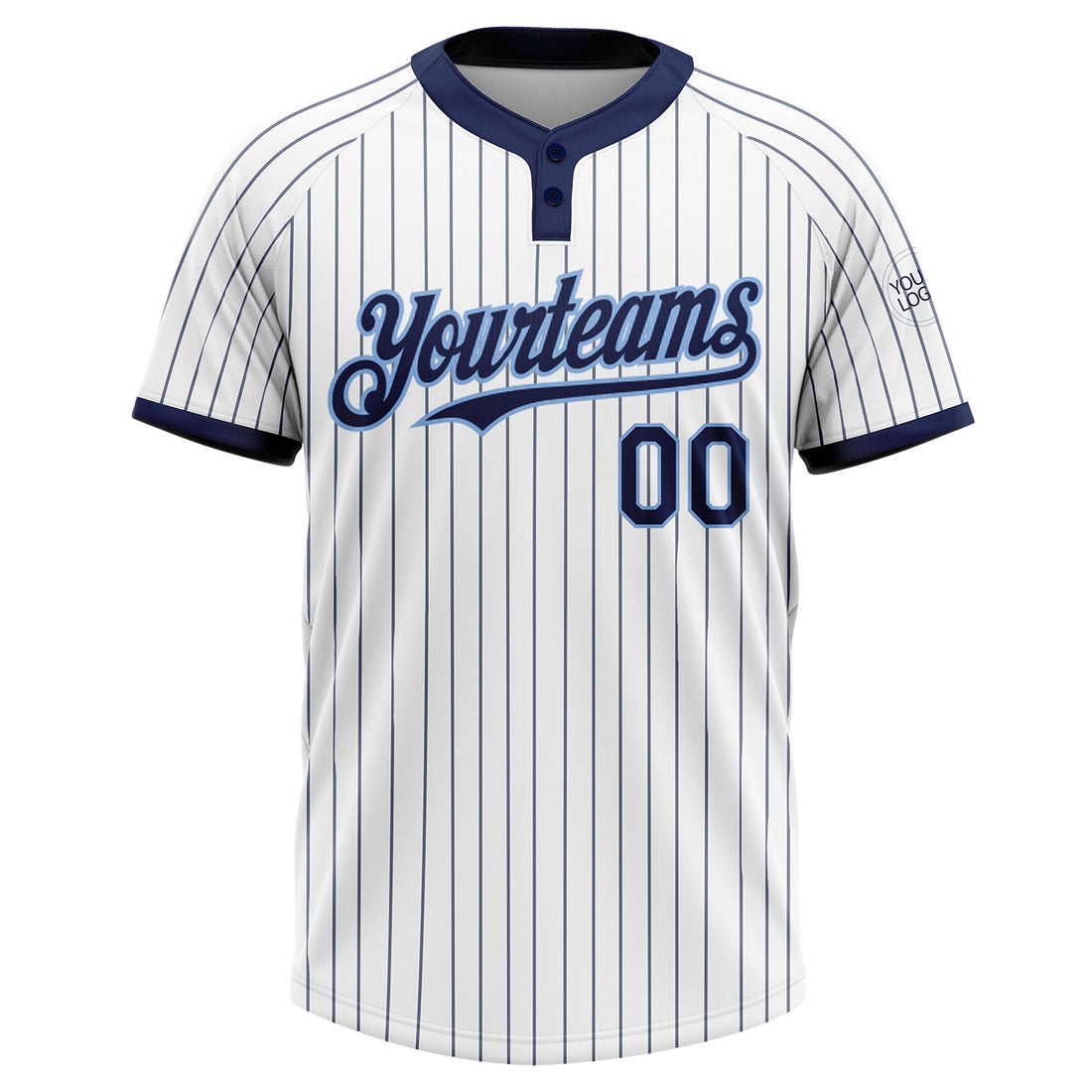 Custom White Navy Pinstripe Light Blue Two-Button Unisex Softball Jersey