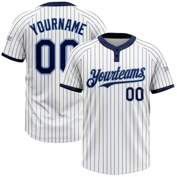 Custom White Navy Pinstripe Light Blue Two-Button Unisex Softball Jersey