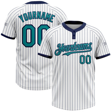 Custom White Navy Pinstripe Teal Two-Button Unisex Softball Jersey