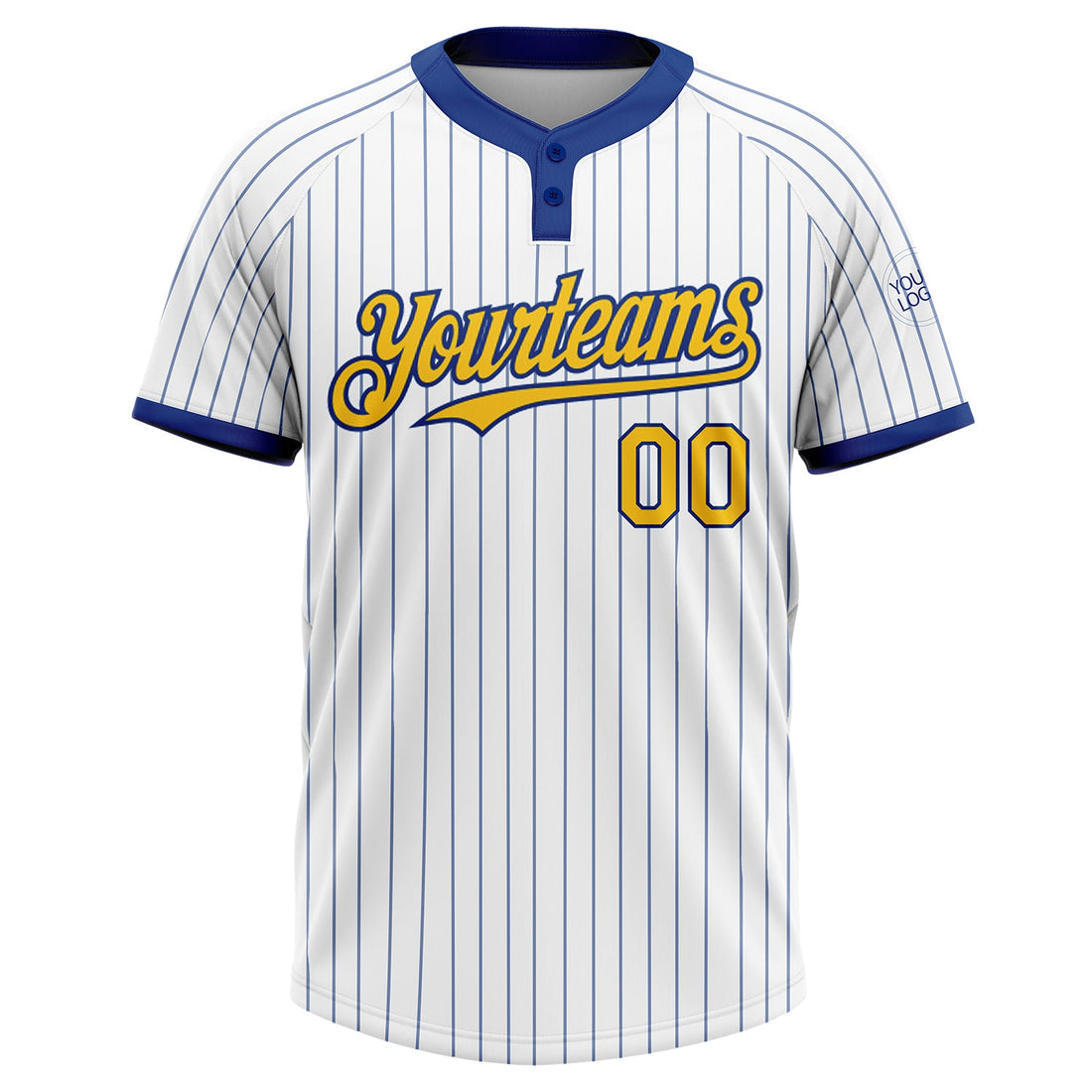 Custom White Royal Pinstripe Yellow Two-Button Unisex Softball Jersey