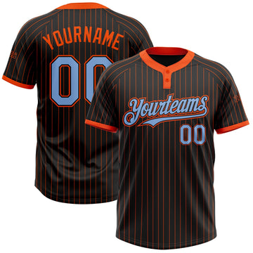 Custom Black Orange Pinstripe Light Blue Two-Button Unisex Softball Jersey