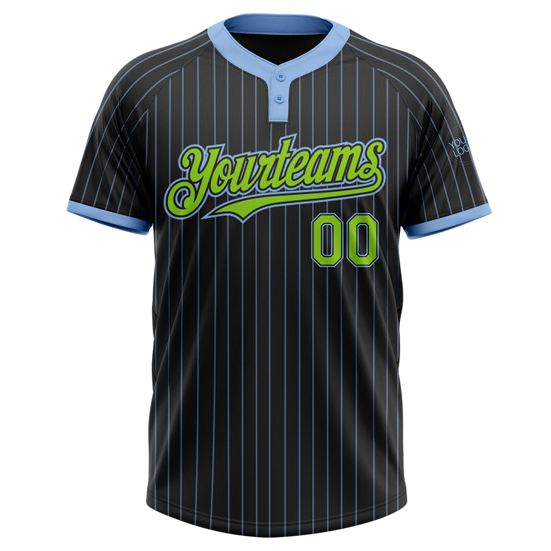 Custom Black Light Blue Pinstripe Neon Green Two-Button Unisex Softball Jersey