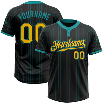 Custom Black Teal Pinstripe Yellow Two-Button Unisex Softball Jersey