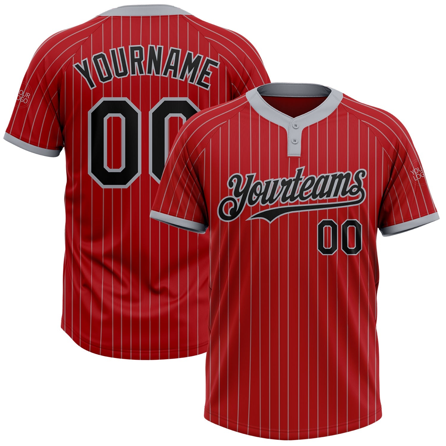 Custom Red Gray Pinstripe Black Two-Button Unisex Softball Jersey